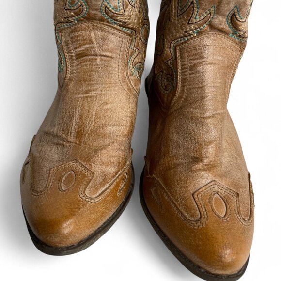 Arizona Ankle Boots Cowgirl Western Cowboy Faux Leather Tan Turquoise Women's 10 - Picture 6 of 12
